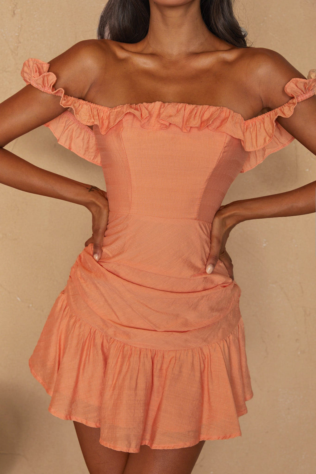 Paradis Off-Shoulder Ruched Bodice Mini Dress Mango