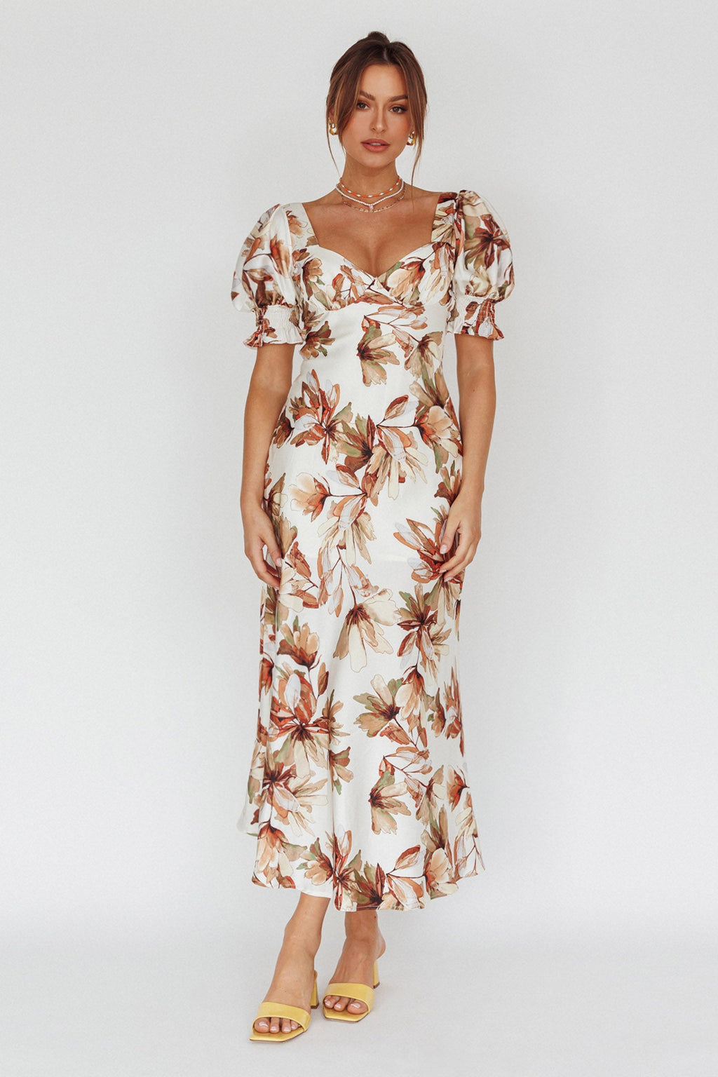 Brigita Tied Back Midi Dress Floral Brown