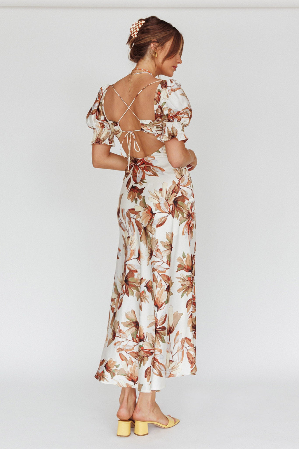 Brigita Tied Back Midi Dress Floral Brown