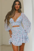 Dearly Beloved Balloon Sleeve Layered Frill Hem Dress Flower Print Blue
