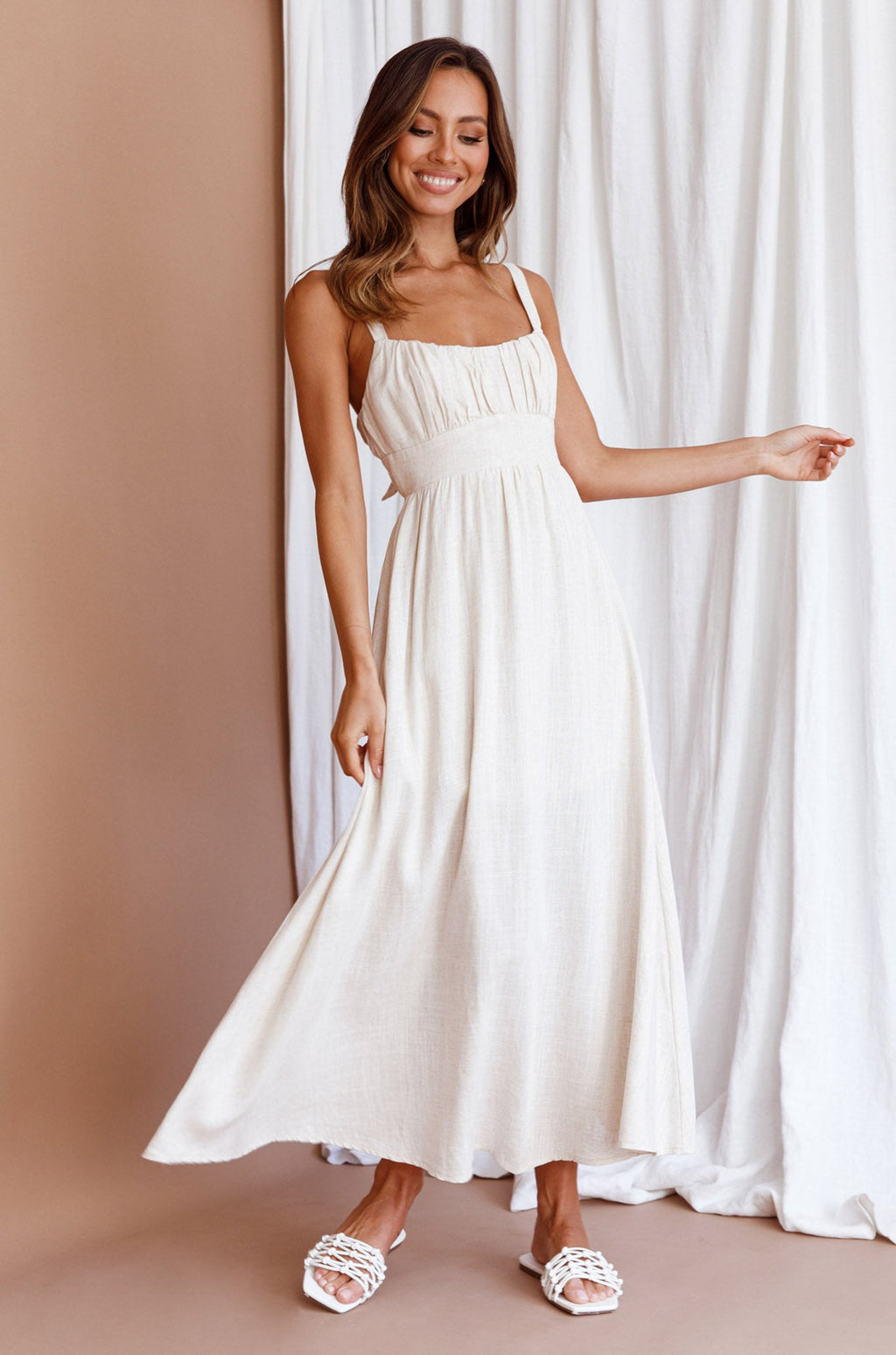Roberta Gathered Bust Midi Dress Natural