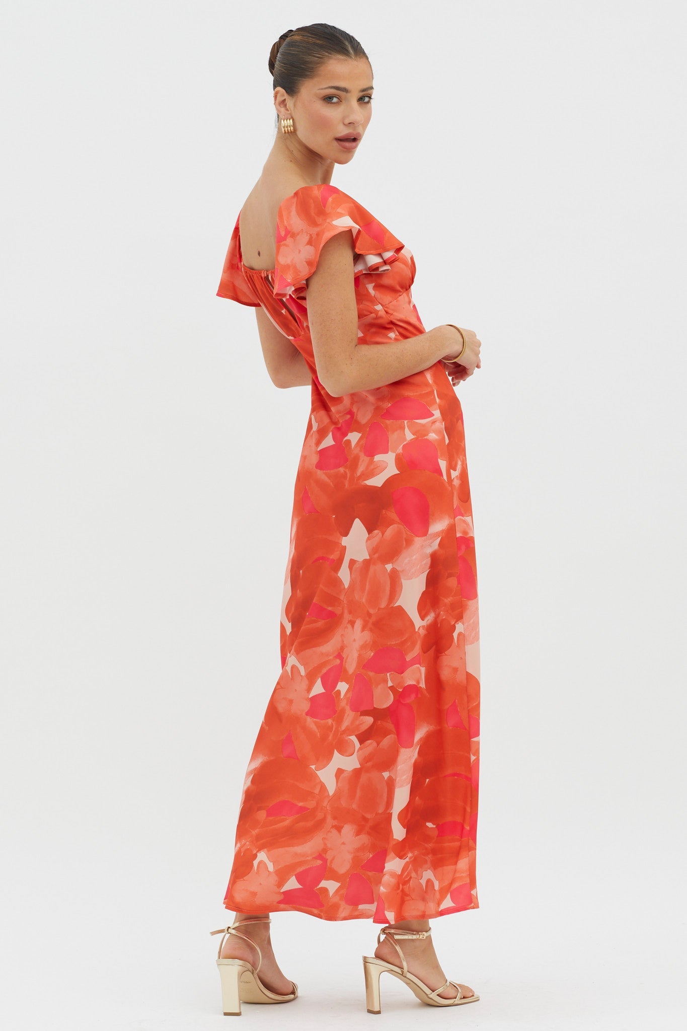 Park Avenue Flutter Sleeve Midi Dress Abstract Orange