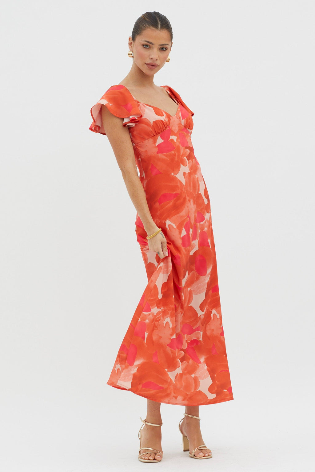 Park Avenue Flutter Sleeve Midi Dress Abstract Orange