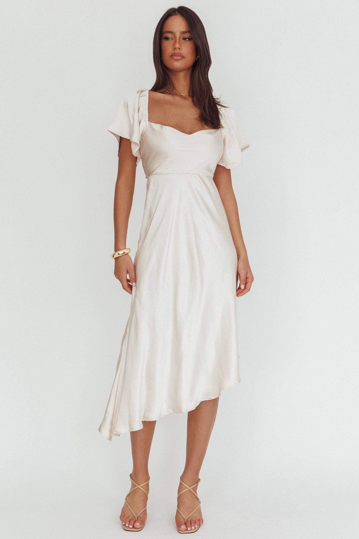 Grayson Tied Back Asymmetrical Midi Dress Champagne