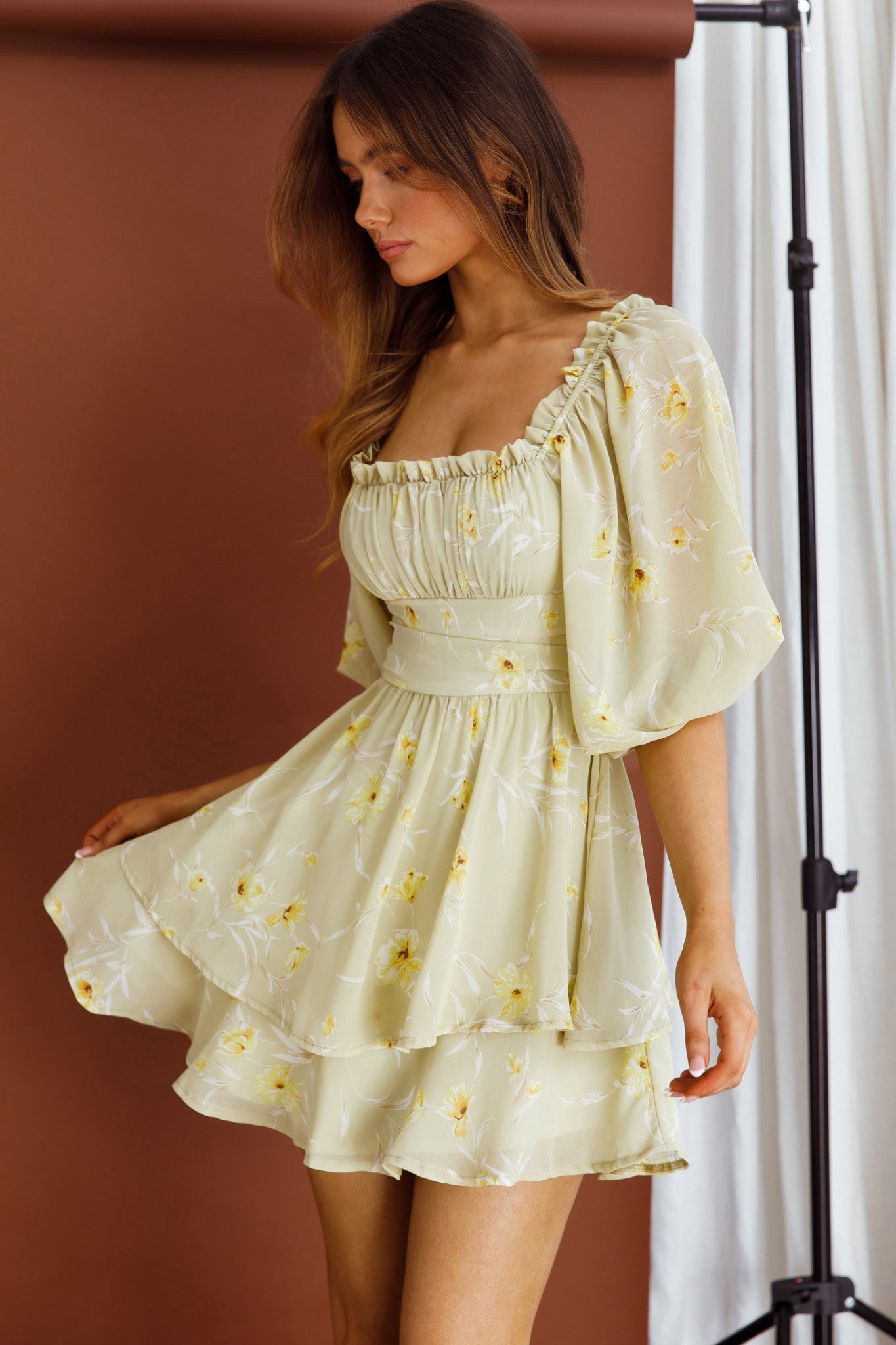 Forever Bloom Off-Shoulder Mini Dress Floral Lime