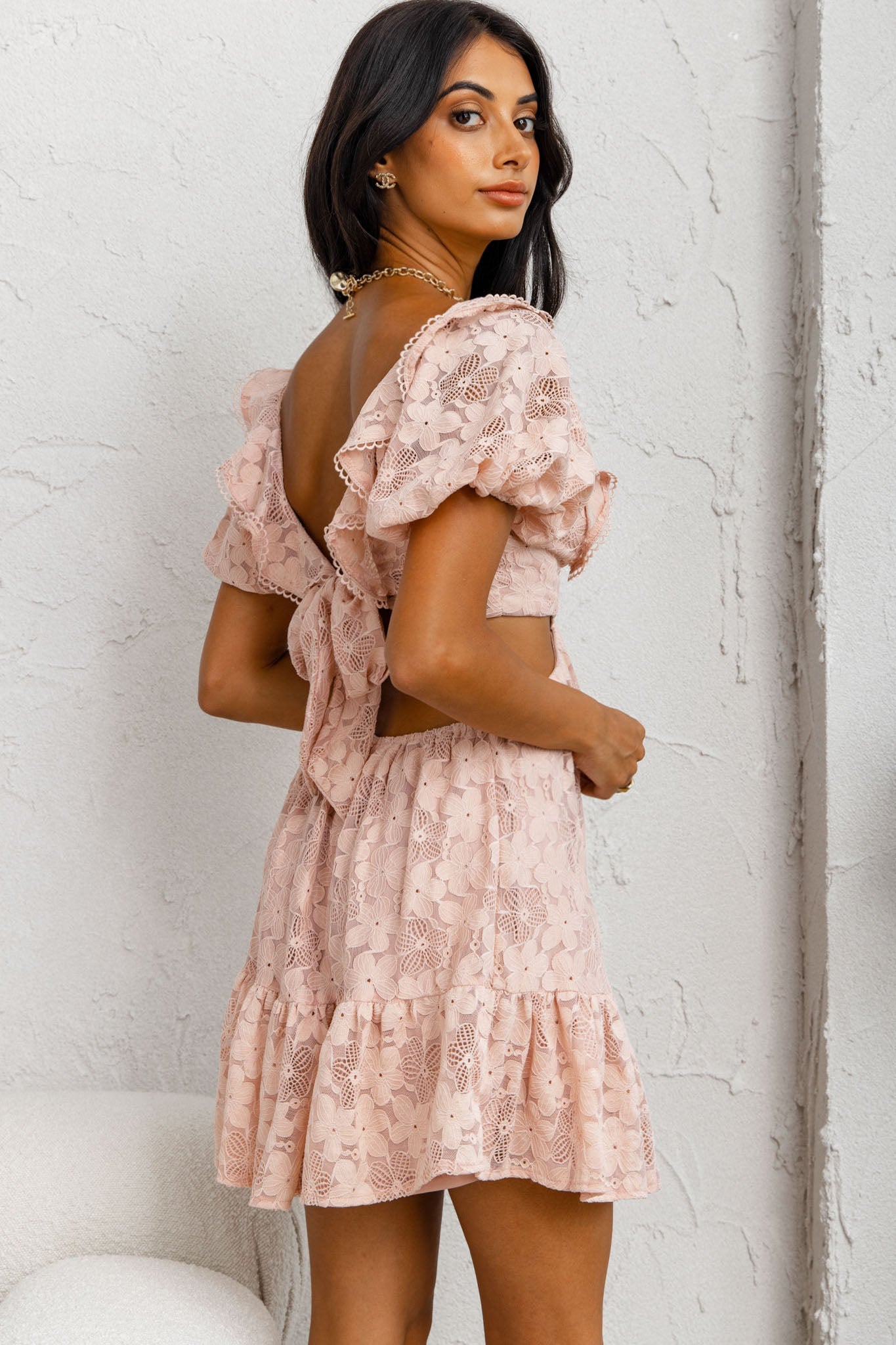 Sweet Life Cut-Out Waist Lace Dress Peach