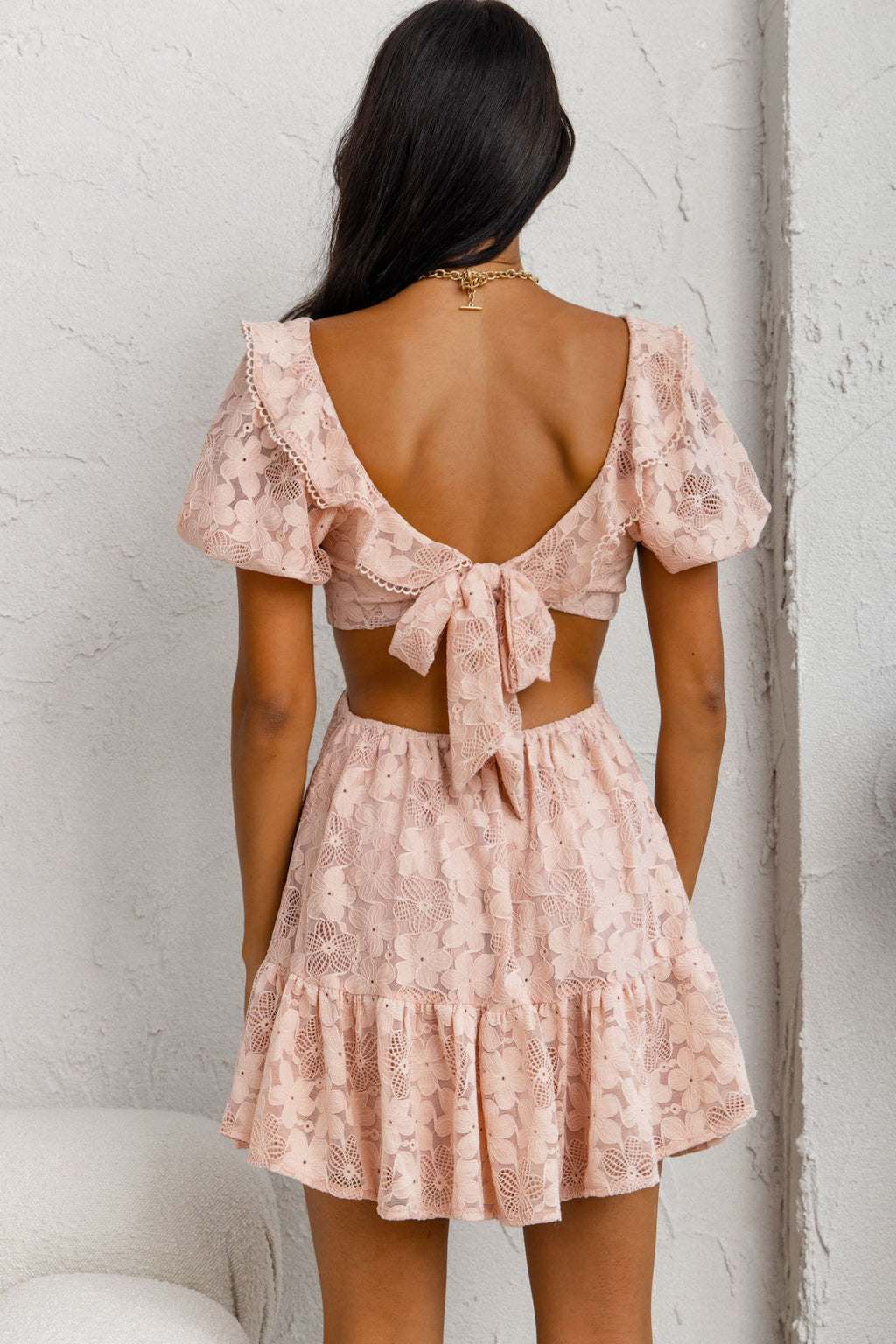 Sweet Life Cut-Out Waist Lace Dress Peach