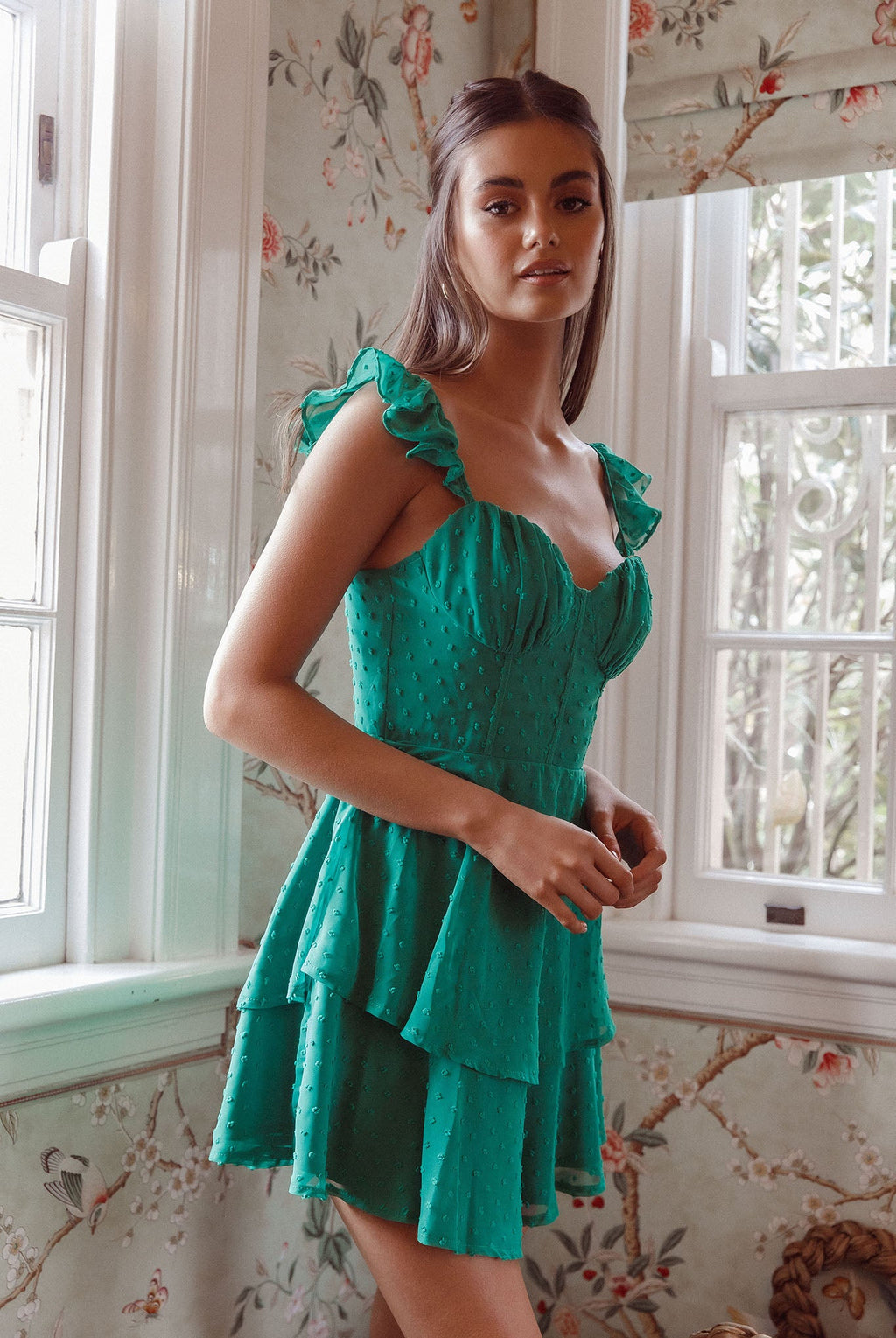 Theory Sweetheart Neckline Frill Strap Mini Dress Textured Green