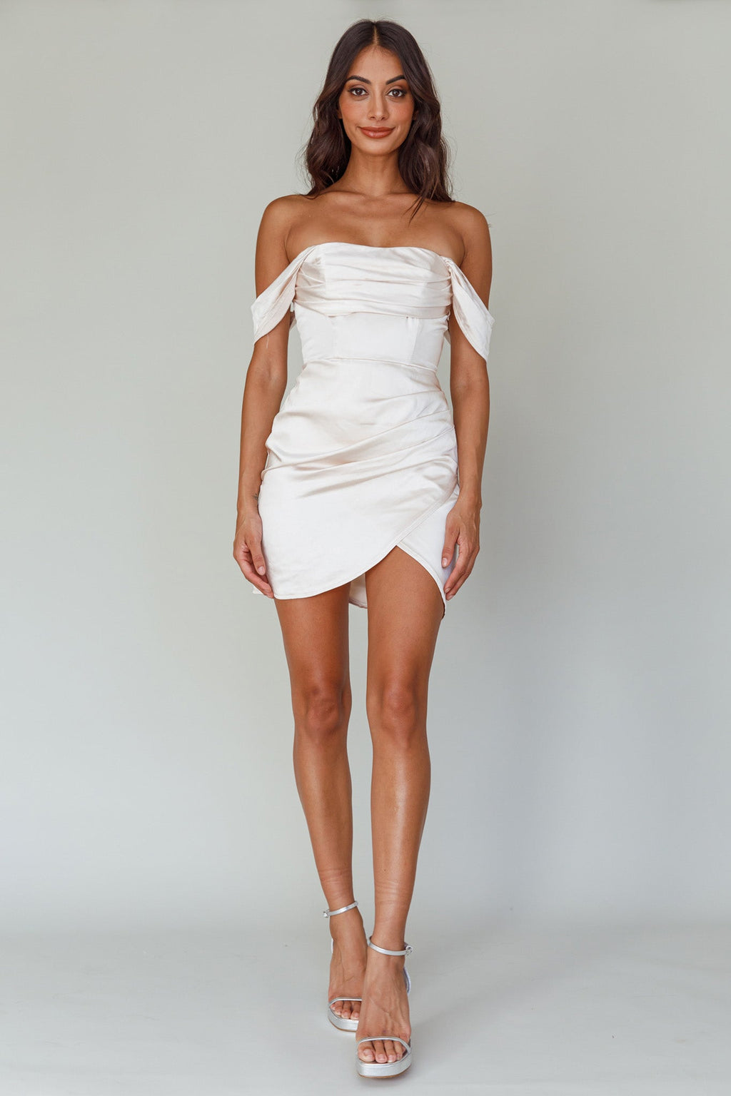 Night To Remember Off-Shoulder Satin Dress Champagne