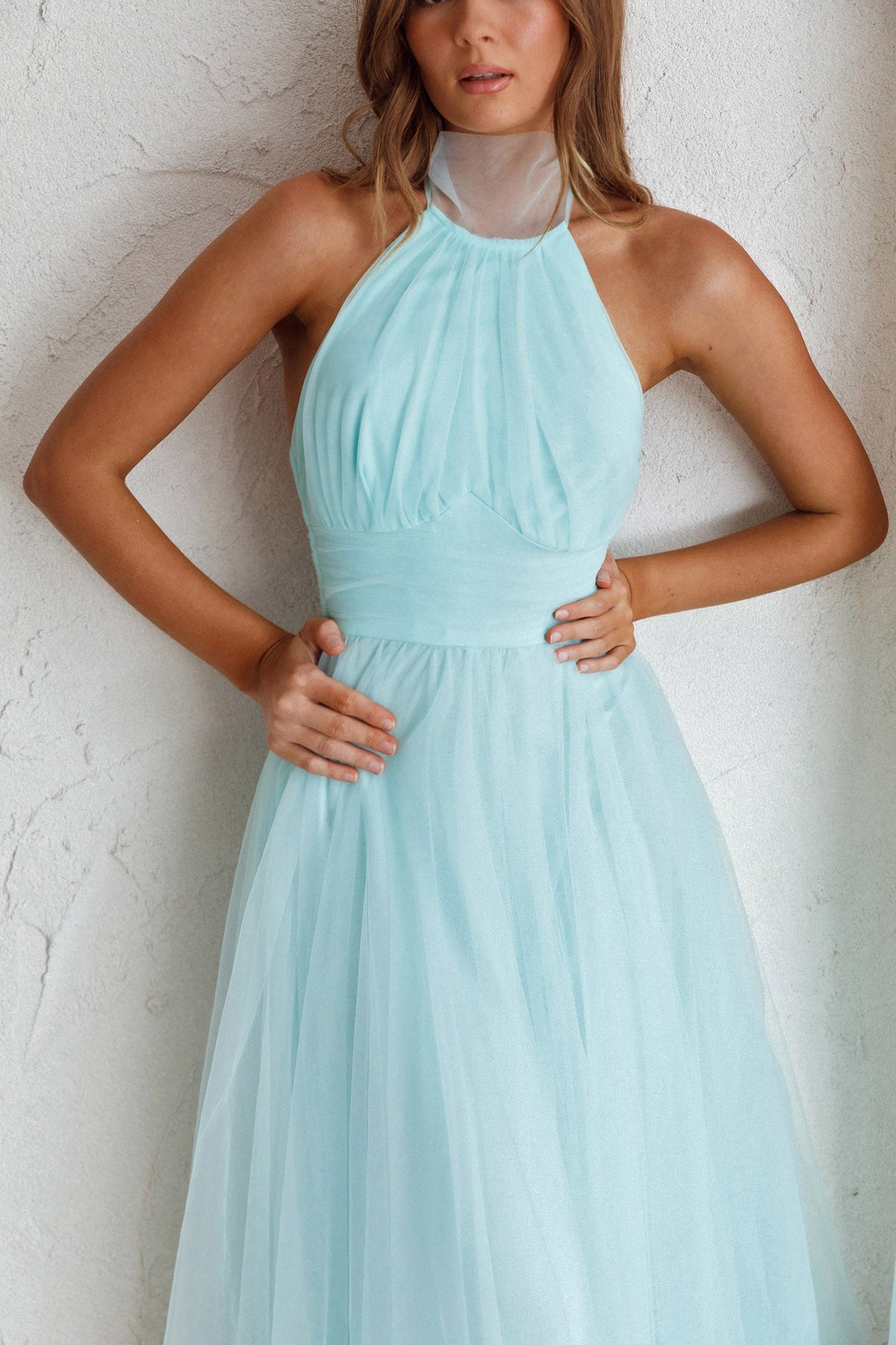 Andria Halterneck Tulle Midi Dress Mint