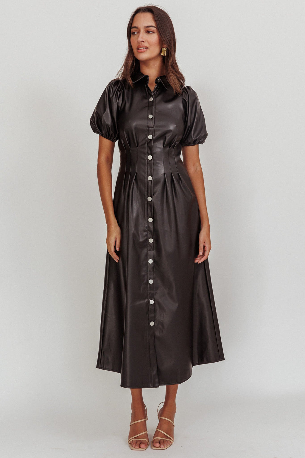 Zurich A-line Puff Sleeve Midi Dress Black