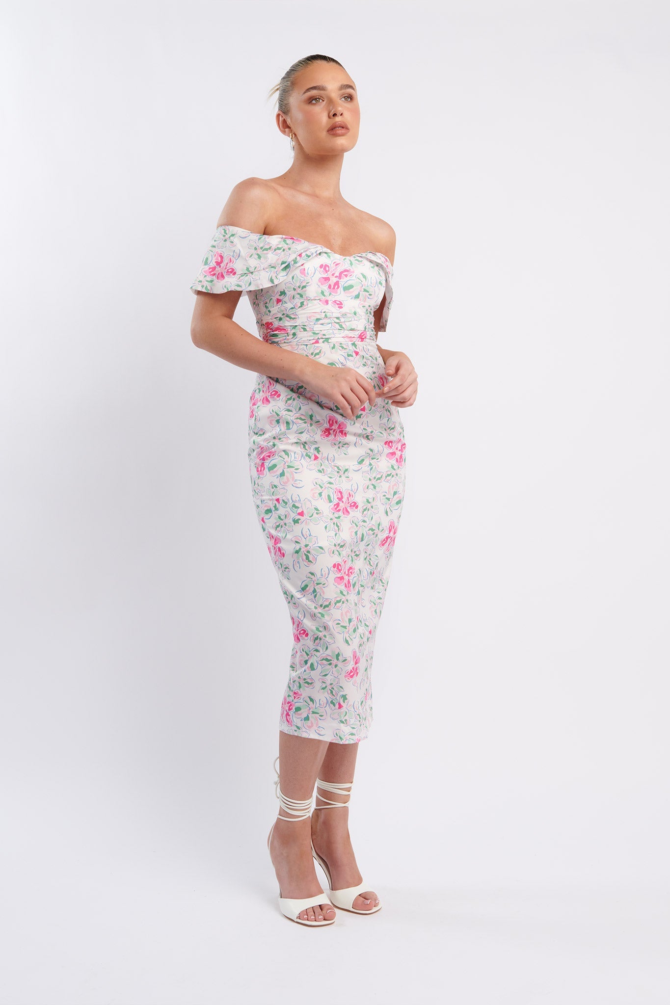 Lillianne Off-Shoulder Midi Dress Floral Pink