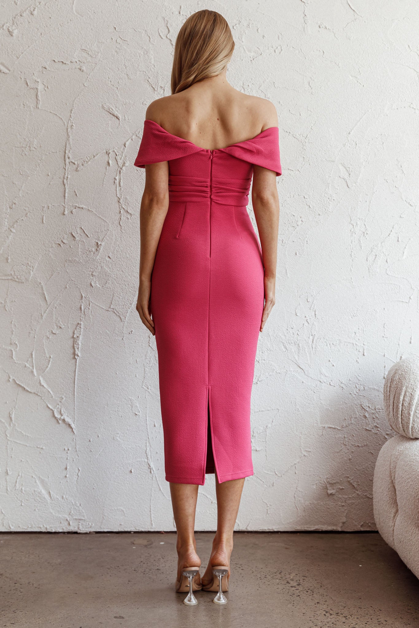 Lillianne Off-Shoulder Midi Dress Fuchsia