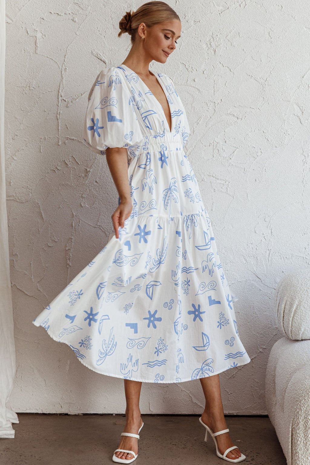 Summer Land V-Neckline Midi Dress Printed White