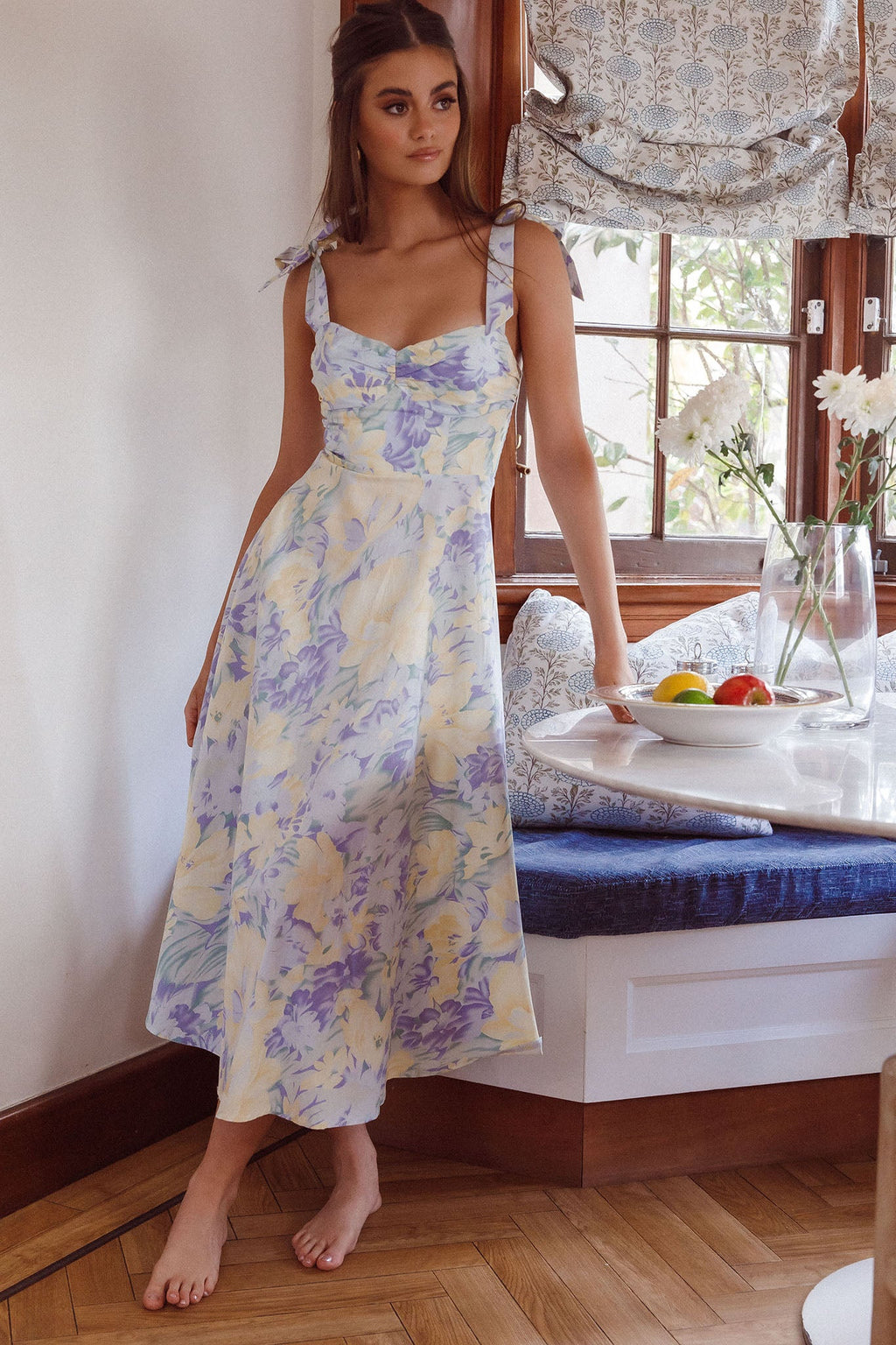 Sweet Pea Tied Shoulder Midi Dress Floral Purple