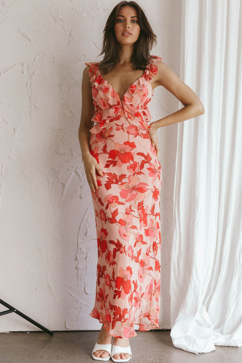 Second Chances Ruffle Trim Midi Dress Floral Pink