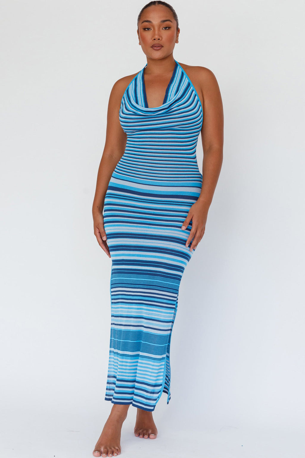 Azure Shores Knit Midi Dress Striped Blue