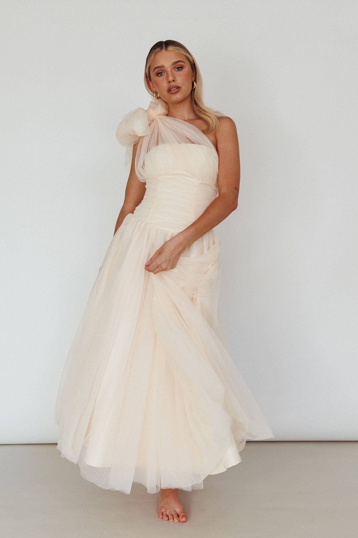 Let's Elope Bow Shoulder Midi Dress Butter
