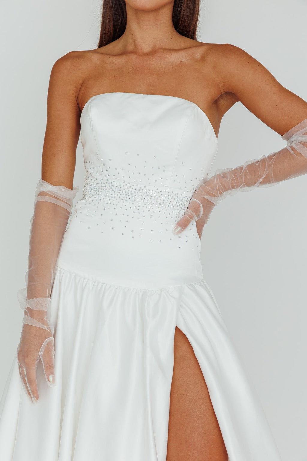 Verily Diamante Drop Waist Maxi Dress White