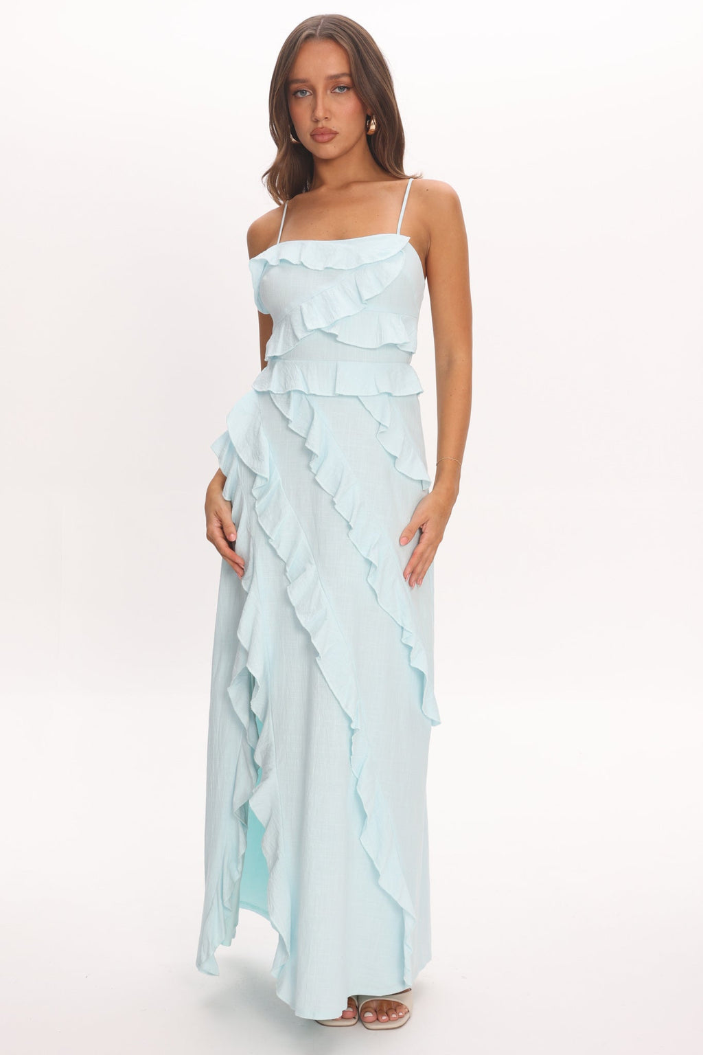 Arrabel Ruffle Split Maxi Dress Blue