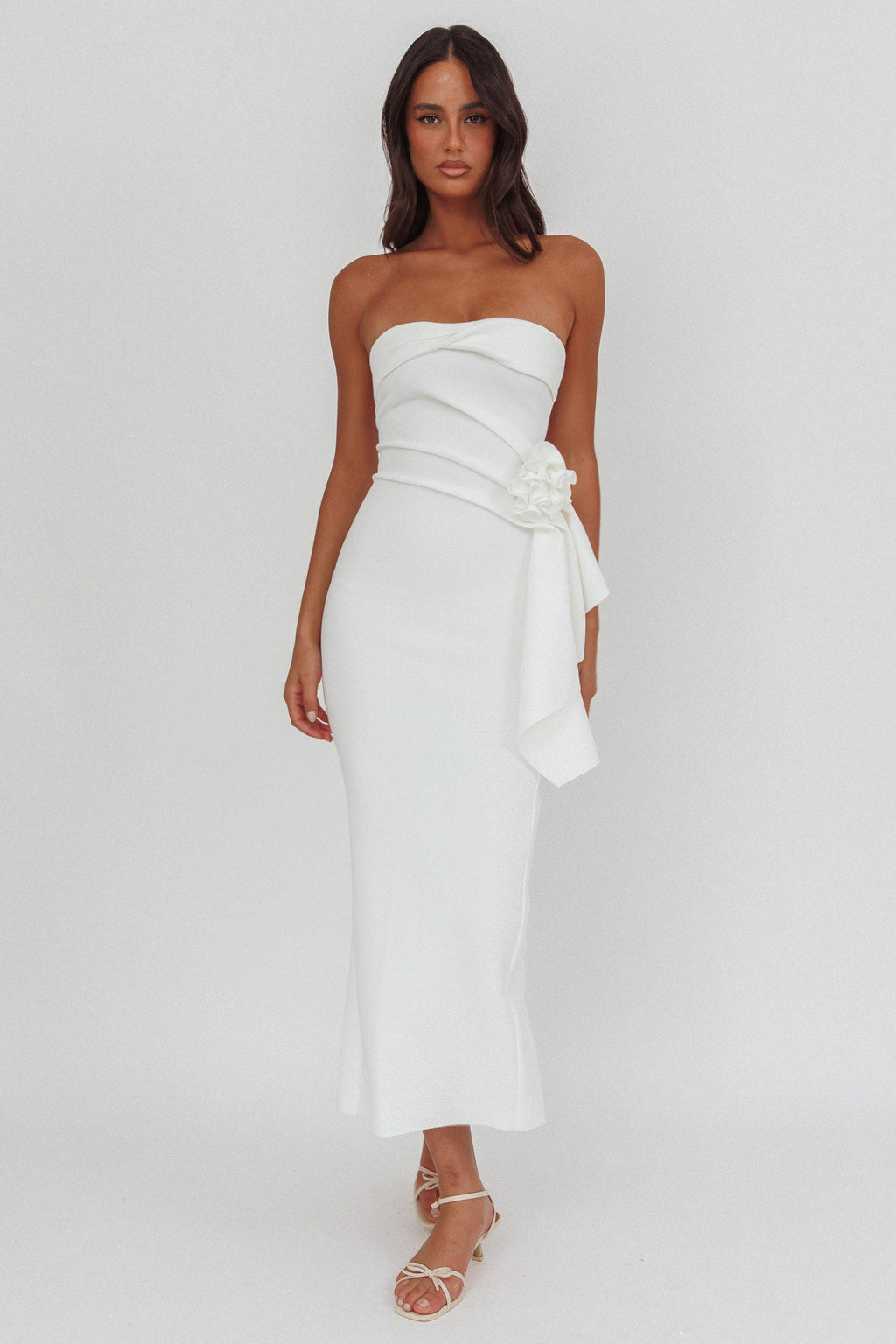Sasha Cascade Ruffle Rosette Midi Dress White