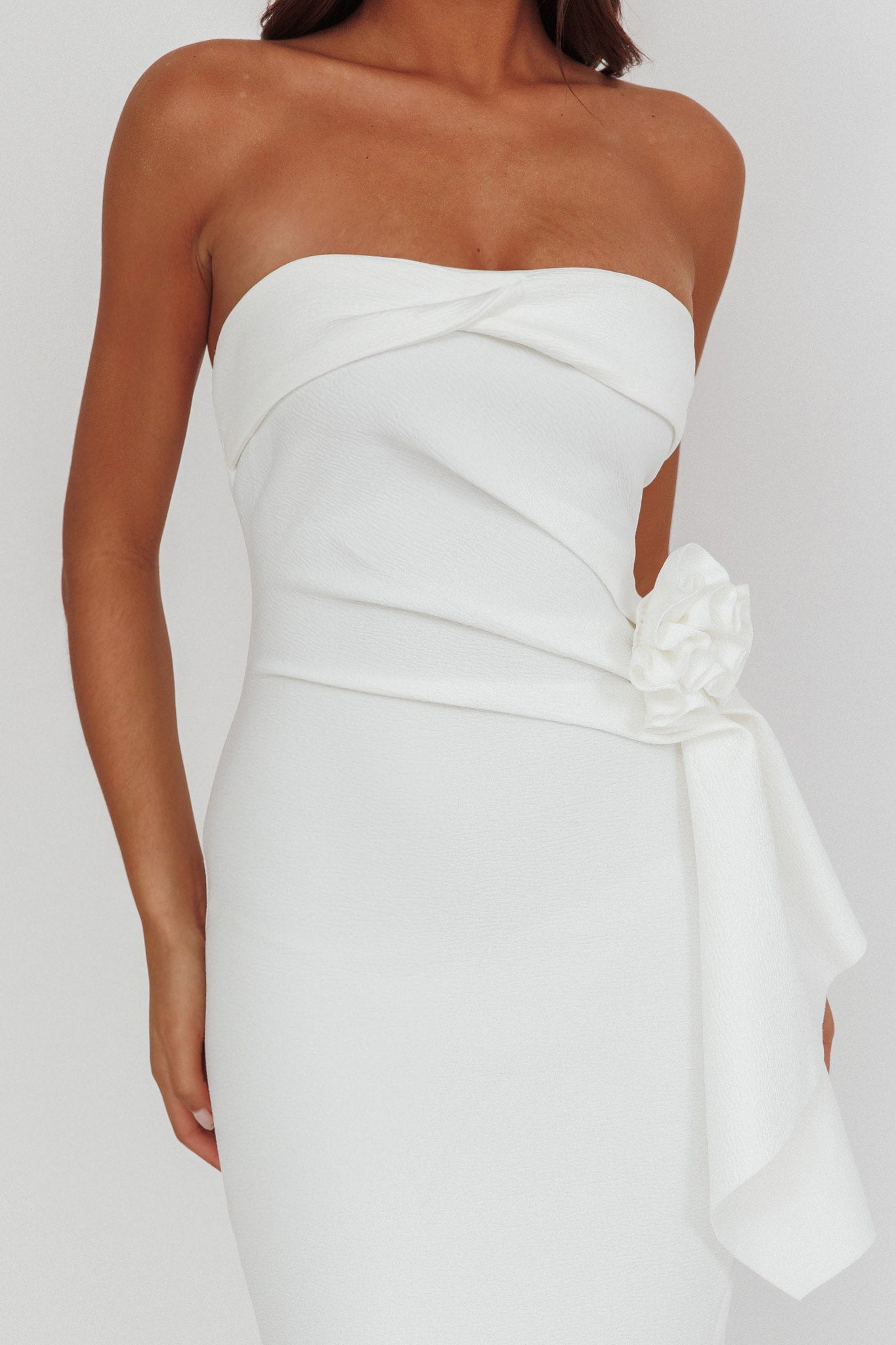 Sasha Cascade Ruffle Rosette Midi Dress White