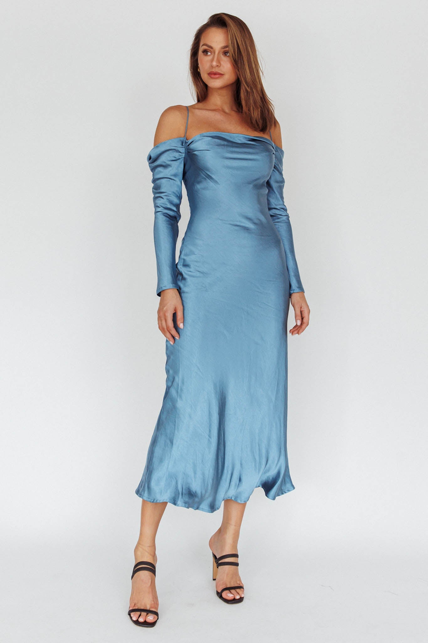 Ellory Long Sleeve Off-Shoulder Dress Blue