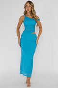 Lorely Ruched Bodice Twist Strap Midi Dress Ocean