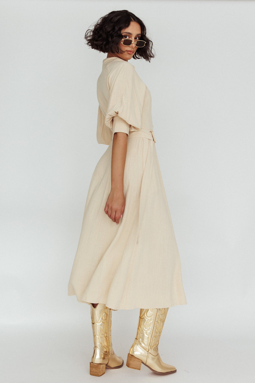 Mallory Belted Waist Lantern Sleeve Midi Dress Beige