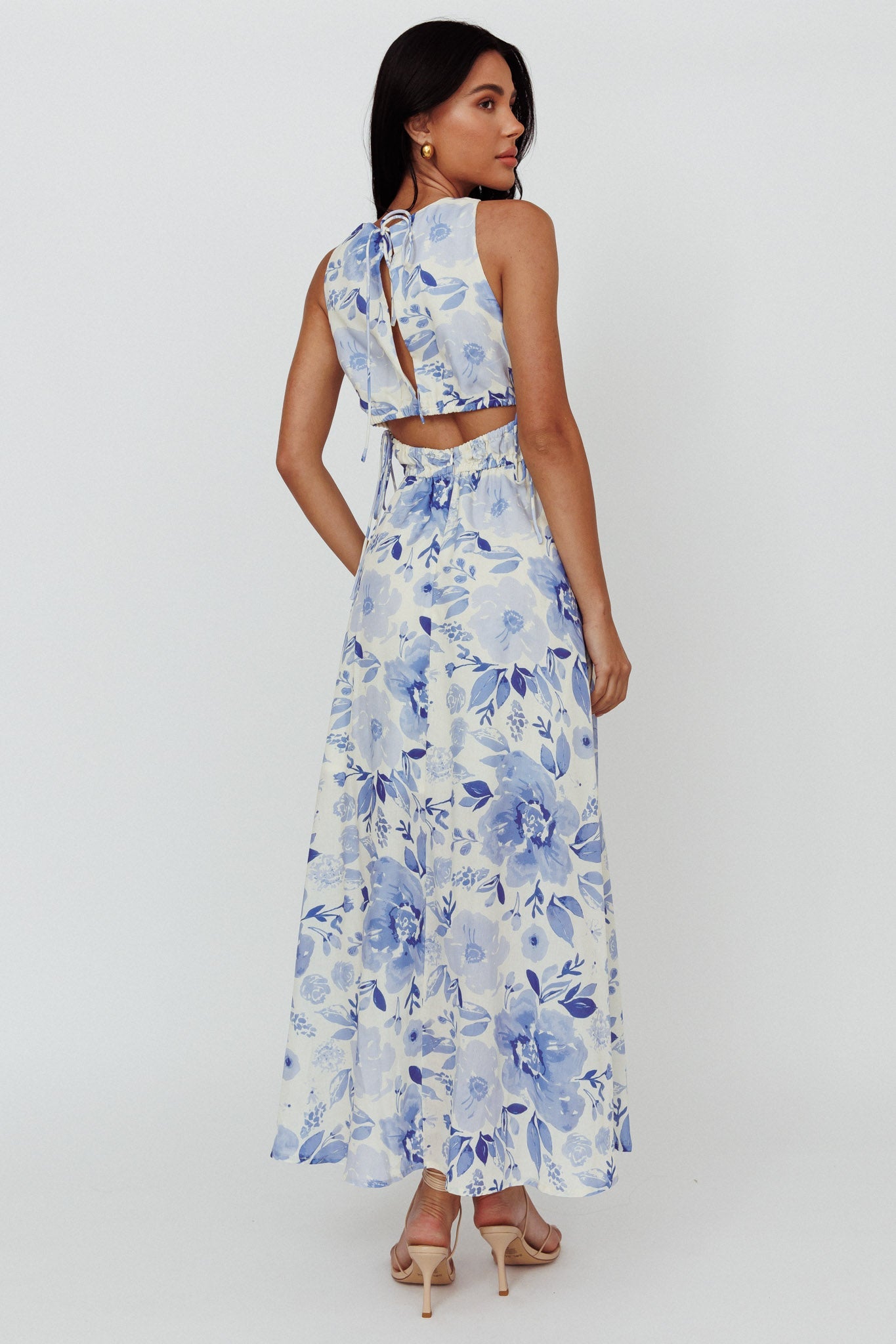 Perla V-Neck Drawstring Maxi Dress Floral Blue