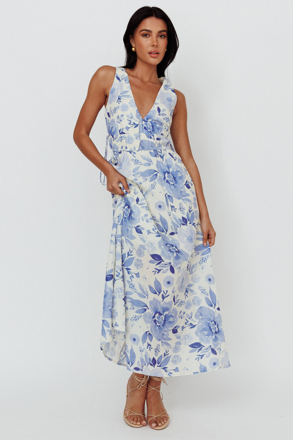 Perla V-Neck Drawstring Maxi Dress Floral Blue