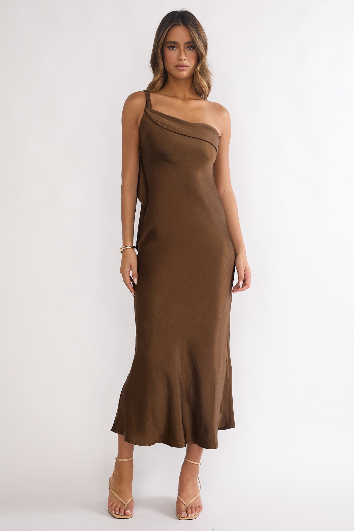 Carmel One-Shoulder Sash Maxi Dress Chocolate