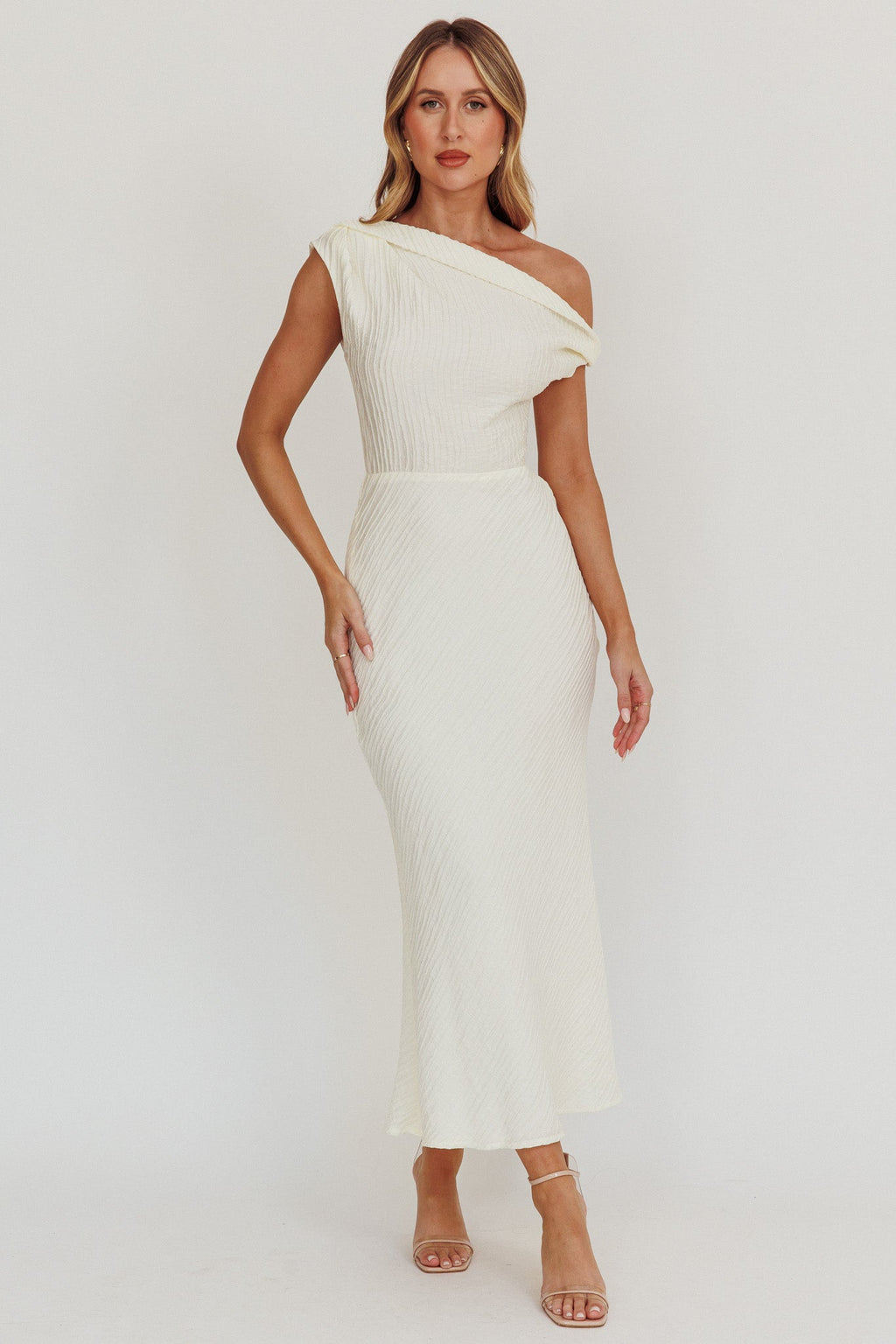 Play Date Off Shoulder Textured Midi Dress Cream