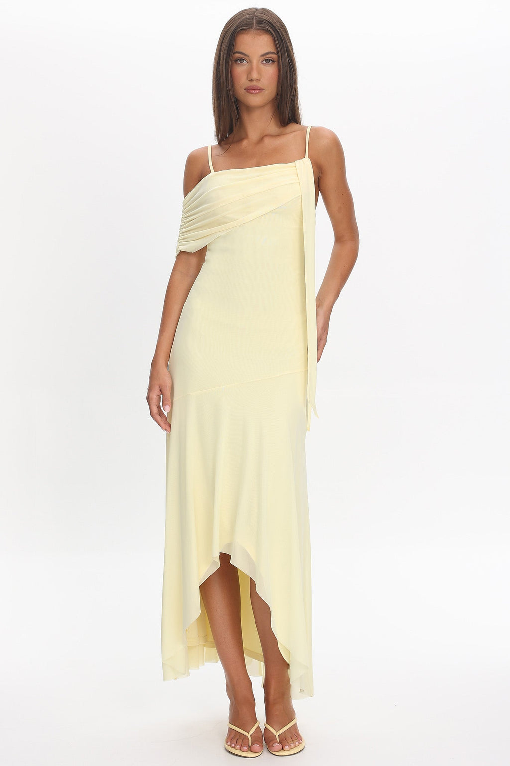 Millitah Asymmetric Hem Mesh Maxi Dress Butter