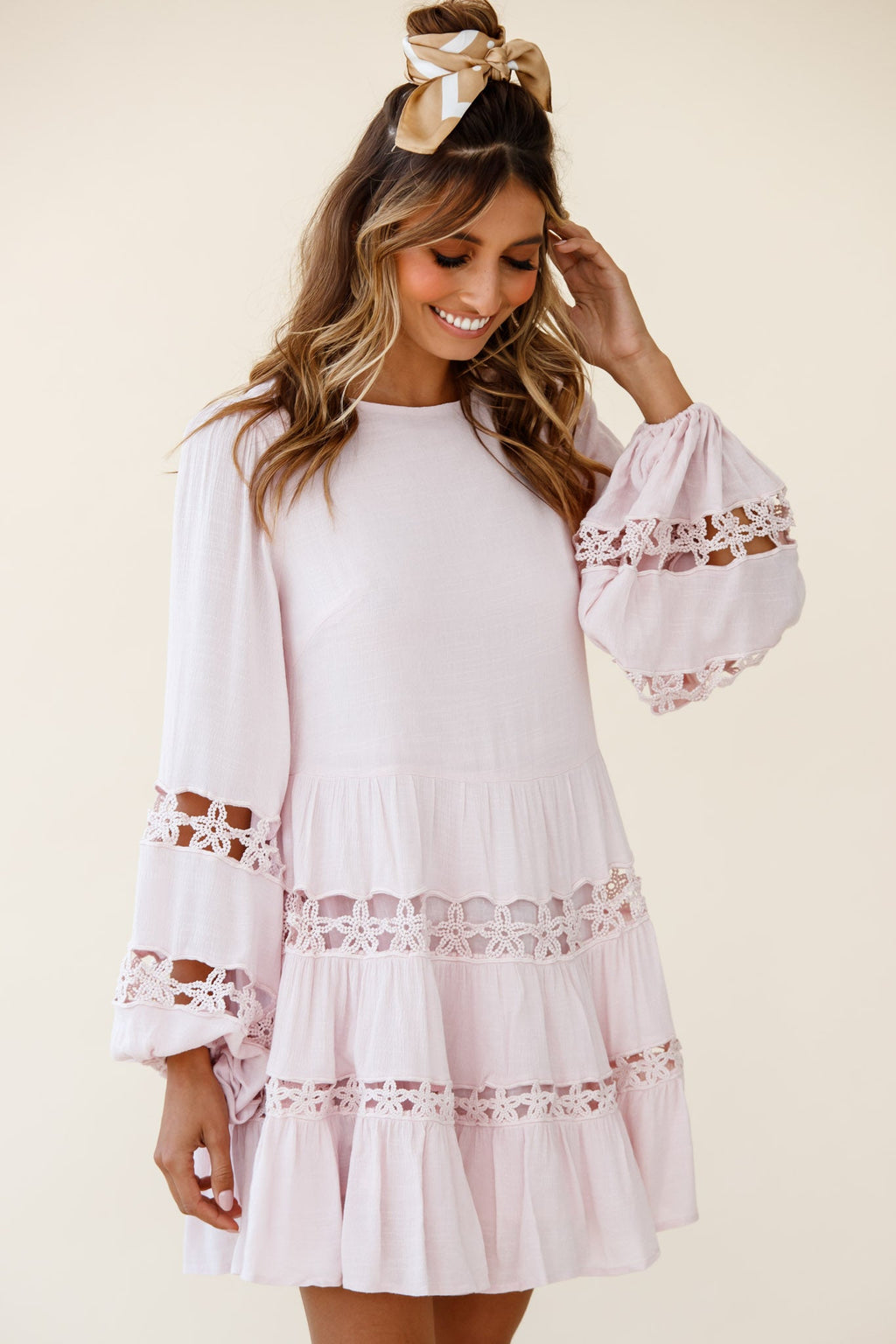 Miles Away Long Balloon Sleeve Trim Insert Dress Pink