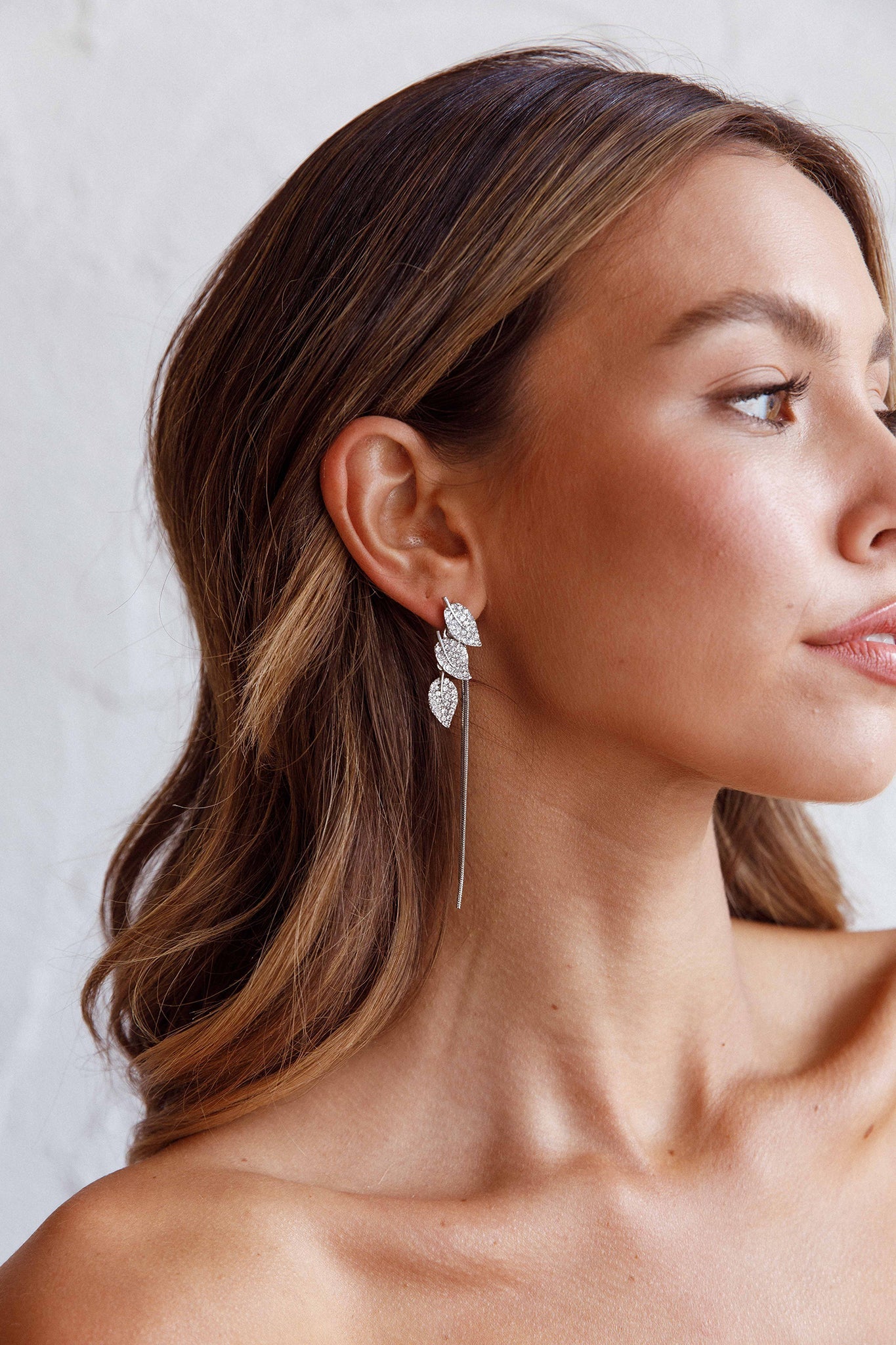 Zircon Leaves Tassel Drop Earrings Silver