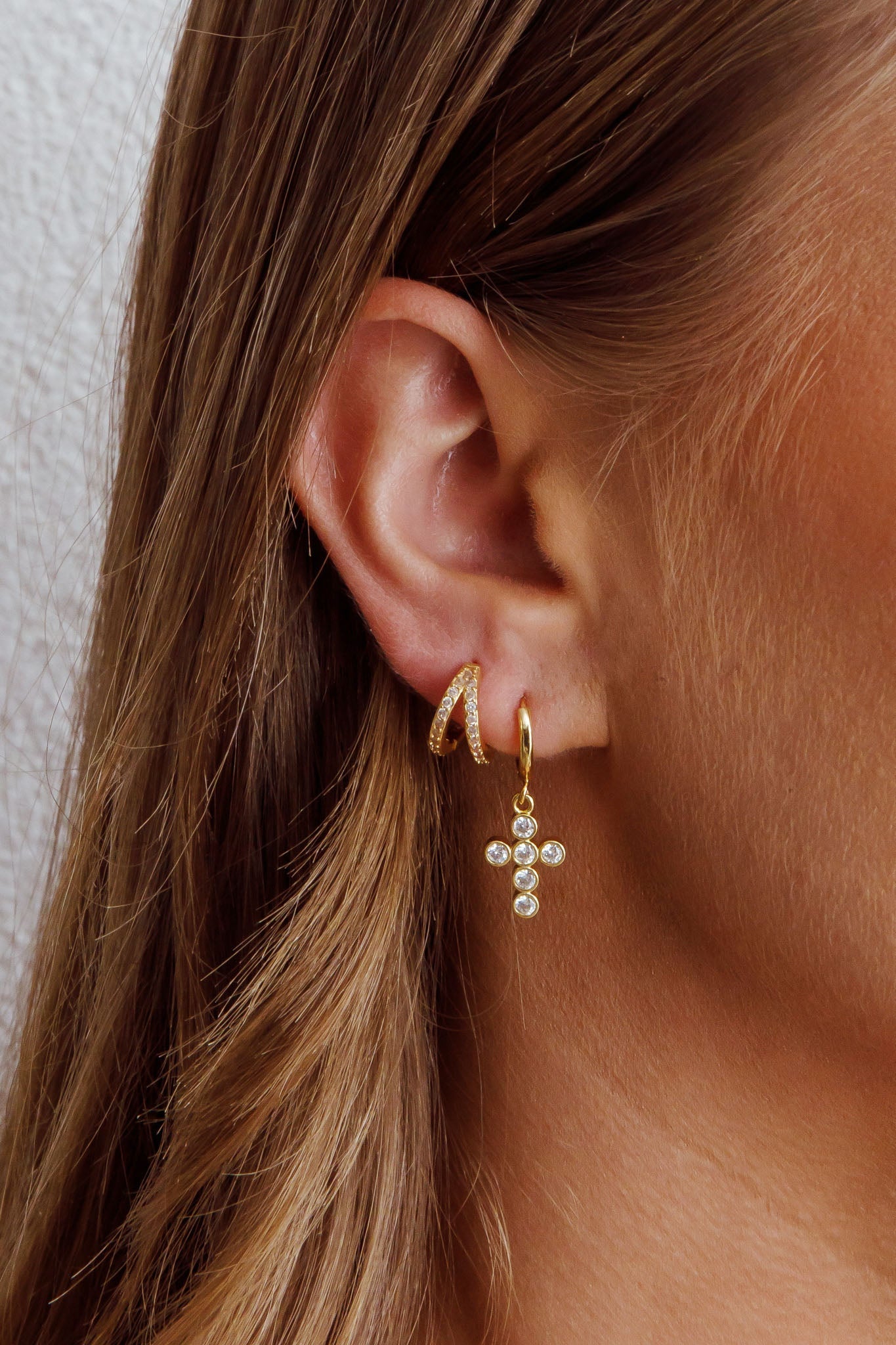 Santiago Cross Drop Diamante Hoop Earrings Gold