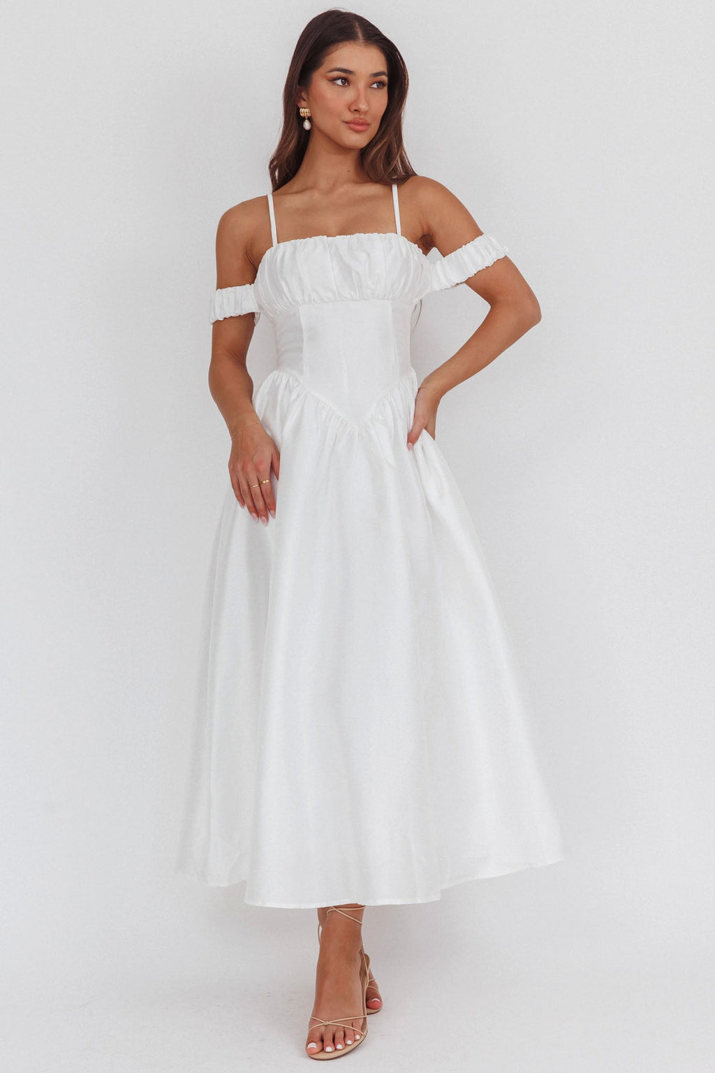 Heavens Above Off-Shoulder Basque Waist Midi Dress Ivory