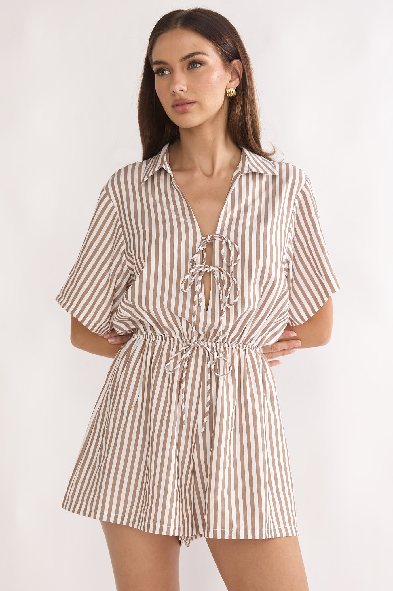 Devon Tie Front Romper Stripe Chocolate