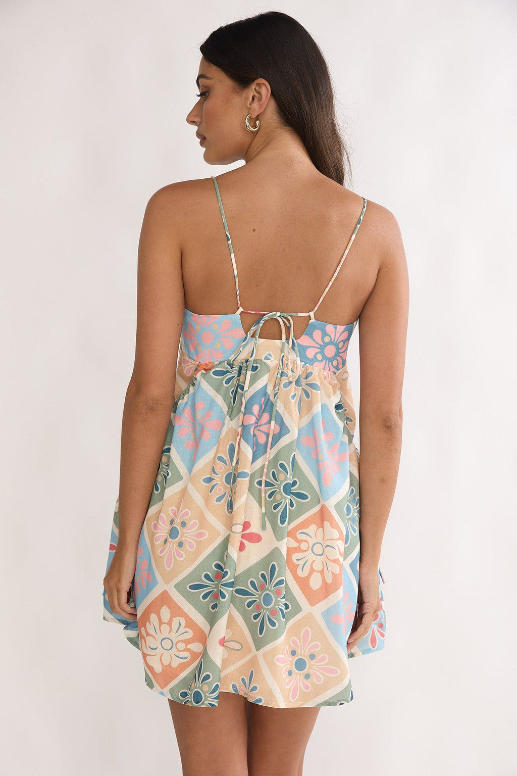 Terenza Tied Back Baby Doll Mini Dress Green Multi