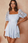 Abby Lace Puff Sleeve Tie-Up Back Dress Steel Blue