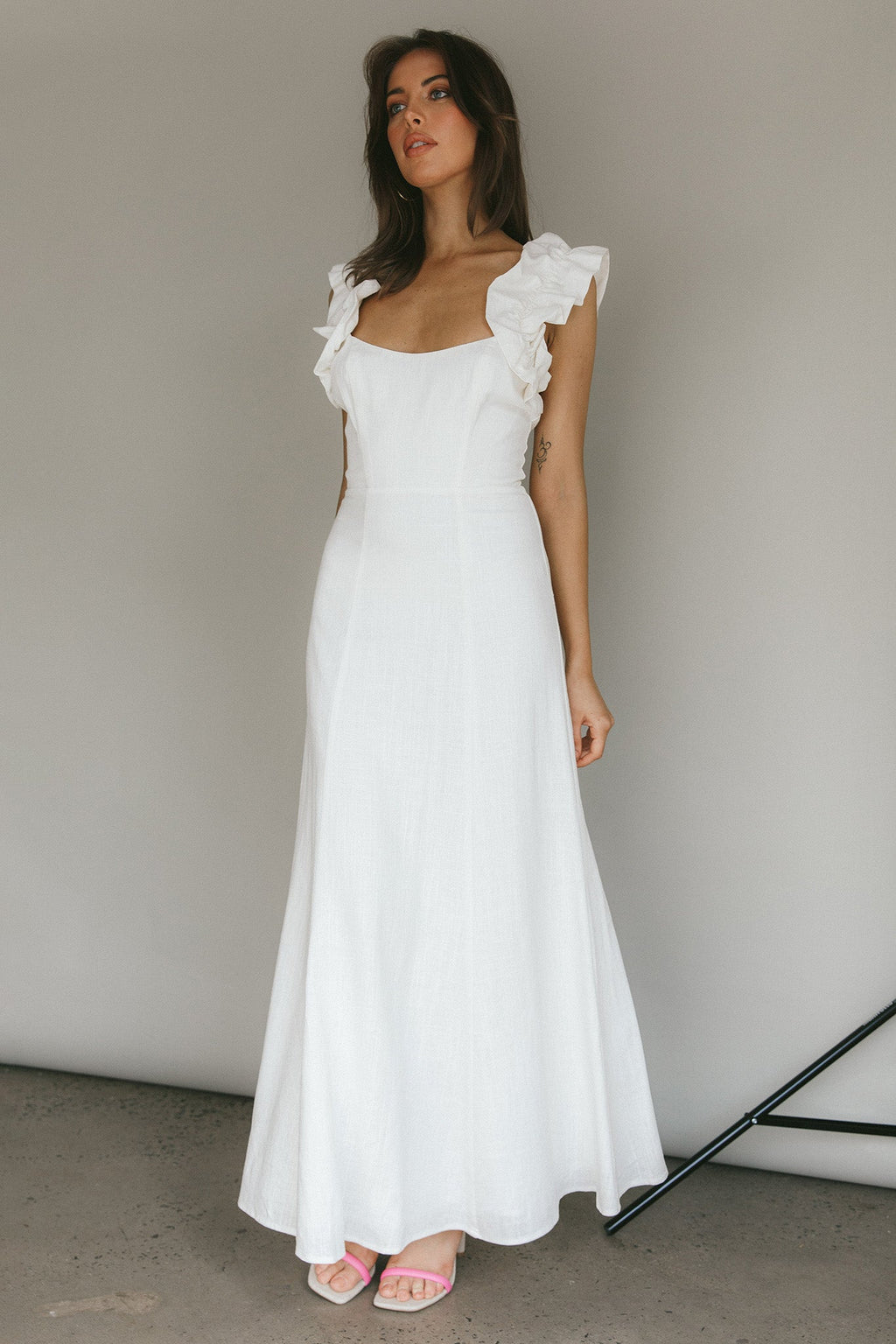 Bronte Ruffle Strap Midi Dress Cream