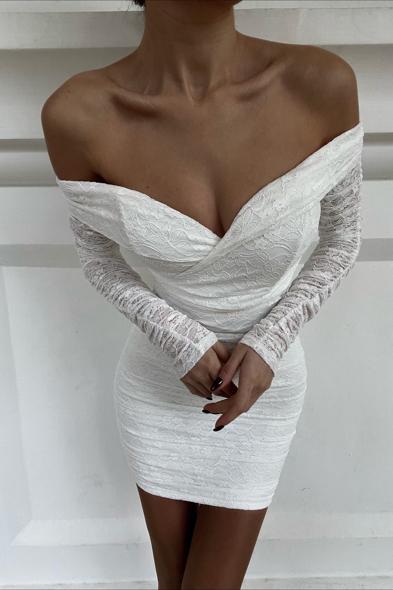 Moonrise Off-Shoulder Long Sleeve Dress Lace White