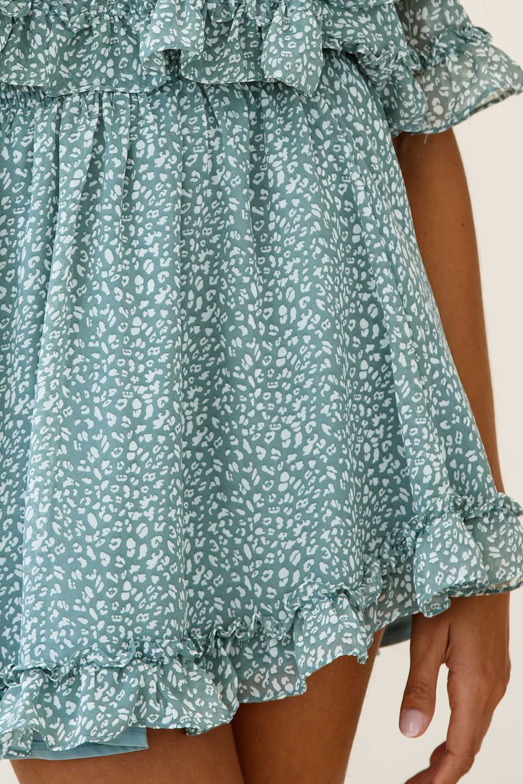Meet Me At Sunset Bardot Neckline Frill Trim Dress Speckle Print Olive