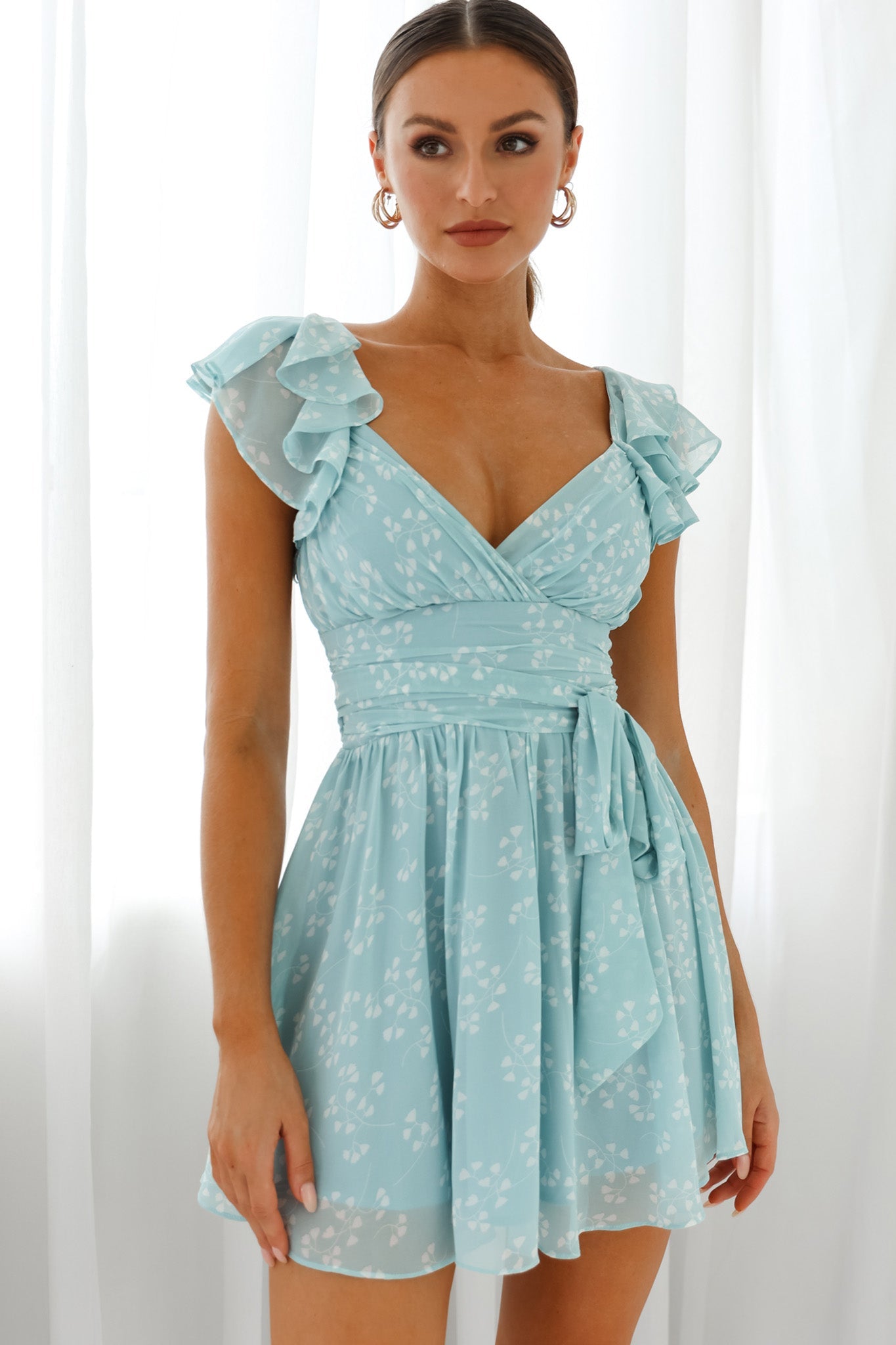 Lola Ruffle Shoulder Ruched Dress Leaf Print Blue
