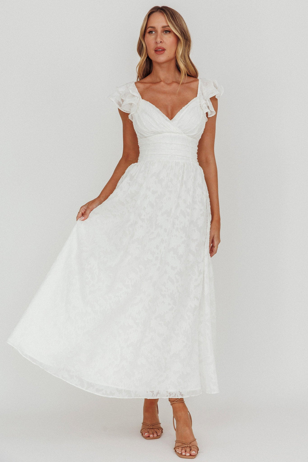 Lola Ruffle Shoulder Maxi Dress Textured White