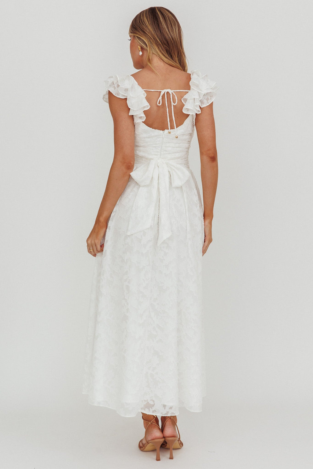 Lola Ruffle Shoulder Maxi Dress Textured White