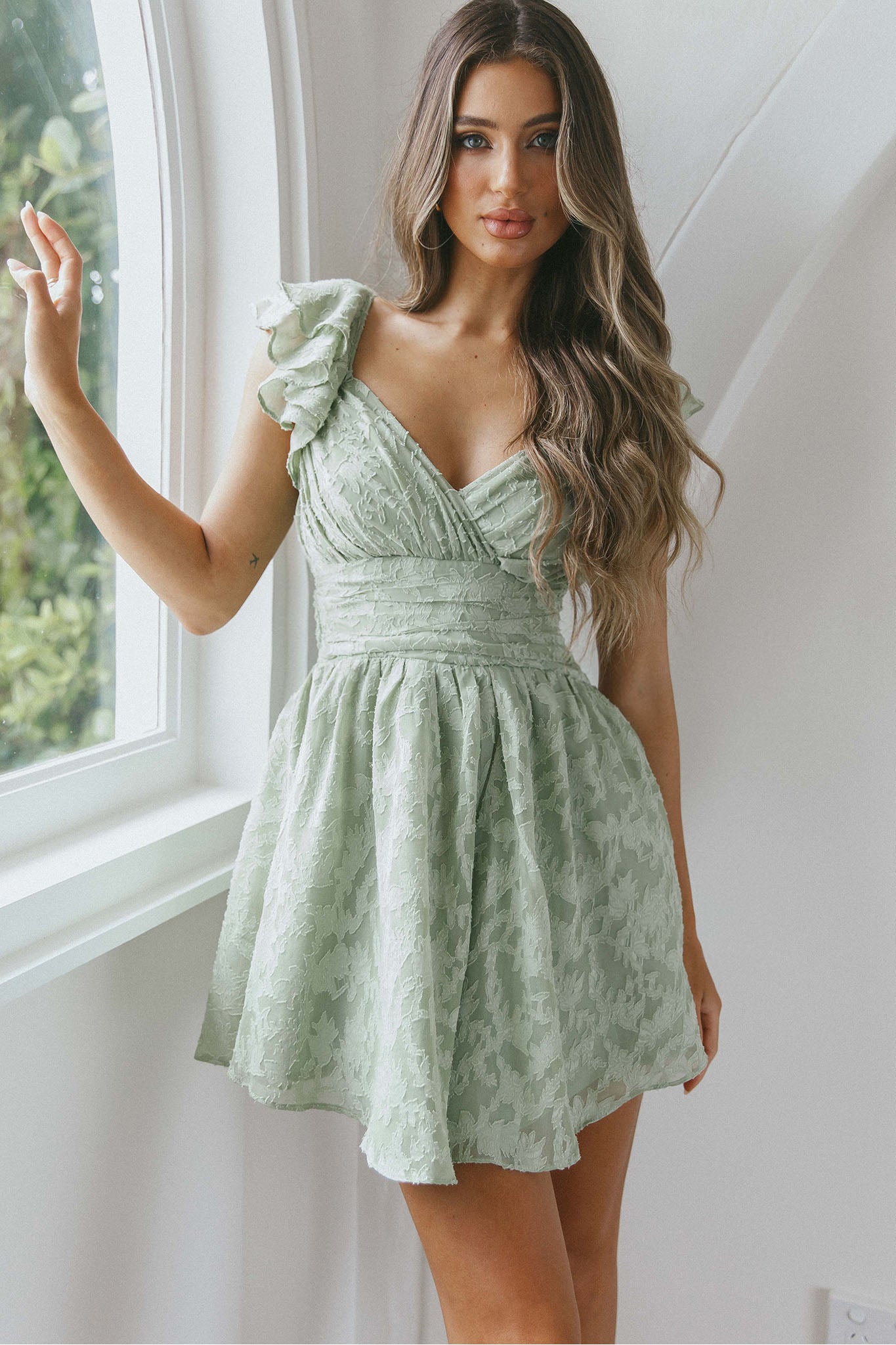 Lola Ruffle Shoulder Ruched Dress Textured Avocado
