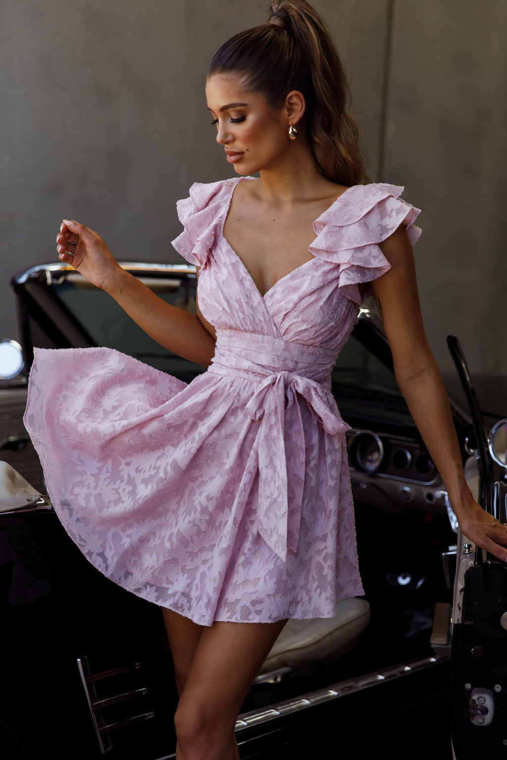 Lola Ruffle Shoulder Ruched Dress Textured Blush