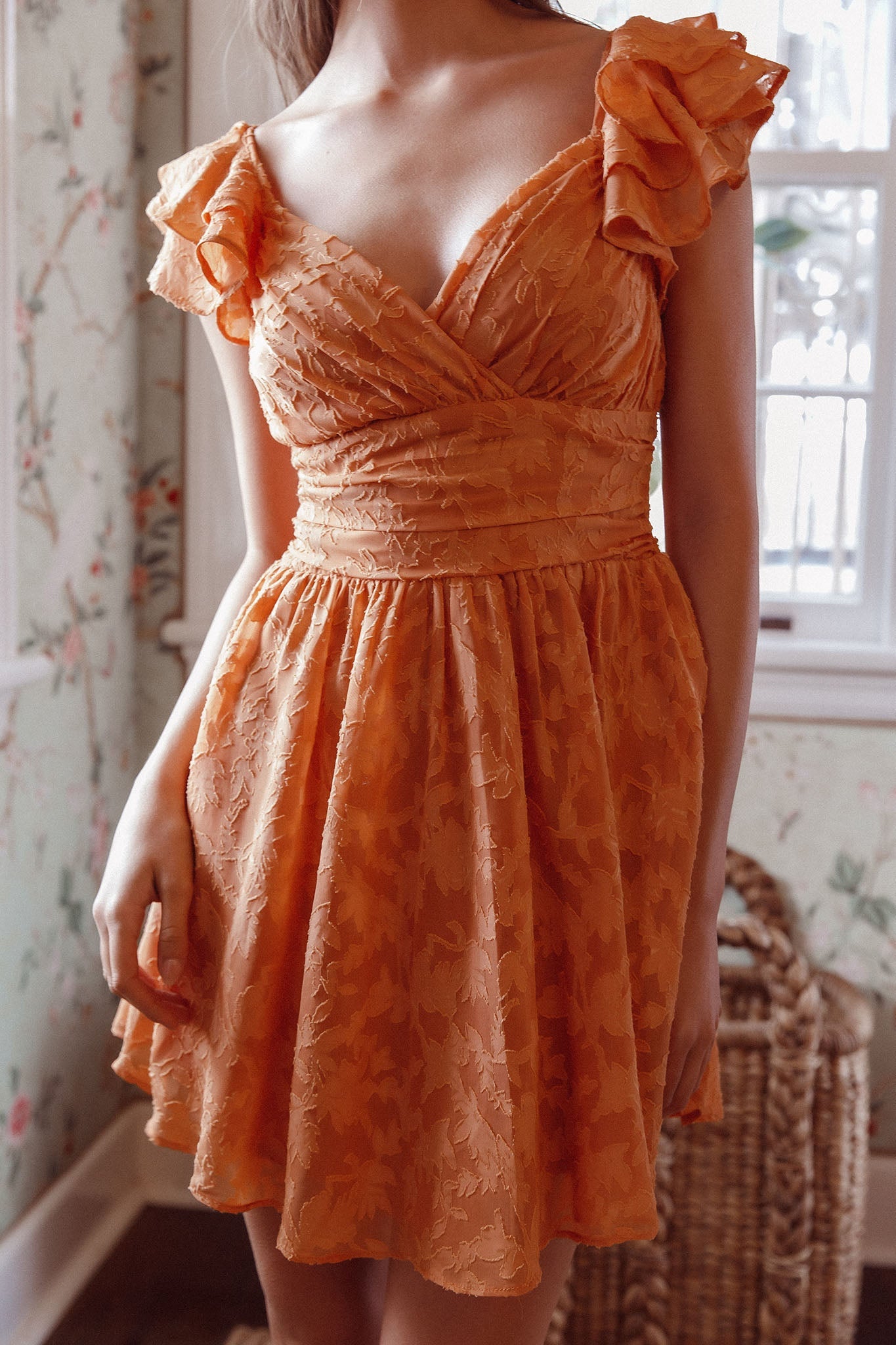 Lola Ruffle Shoulder Ruched Dress Textured Orange